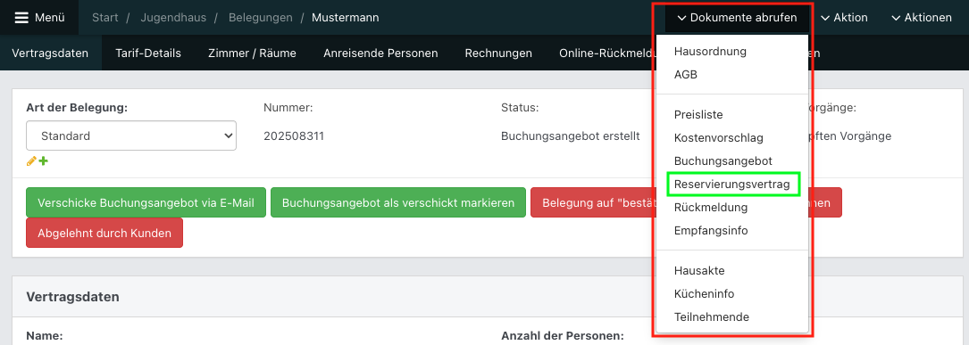 Screenshot aus der Software: geöffnete Buchungsanfrage.