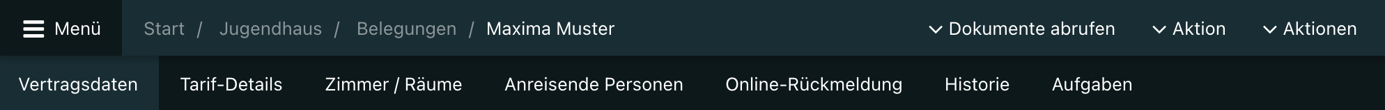 Screenshot aus der Software: die Tabs einer Belegung.