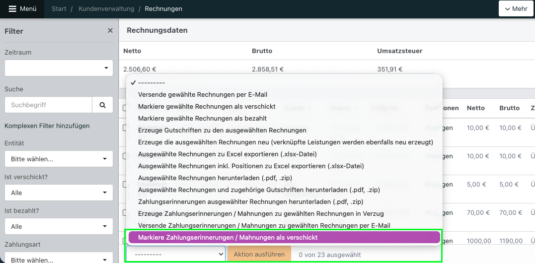 Screenshot aus Software: geöffnete Rechnungsübersicht mit geöffnetem Dropdown der Aktionen.