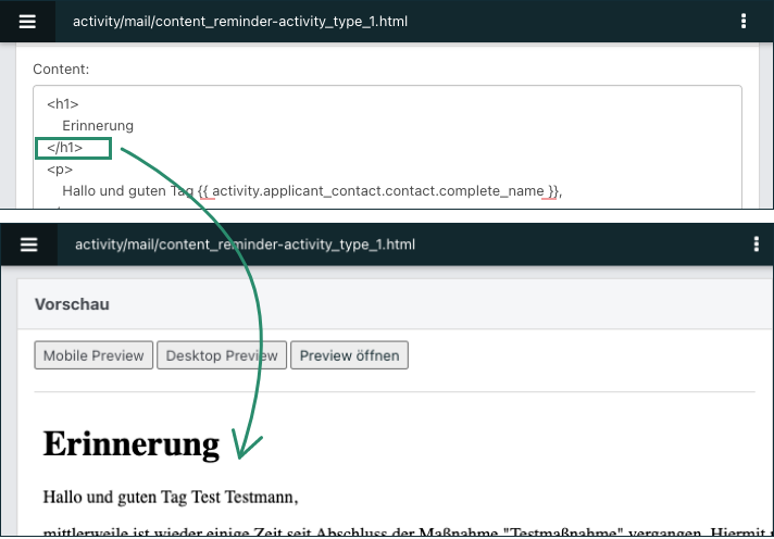 Screenshot eines geöffneten DB-Templates im Bereich Content mit korekktem HTML-Tag.