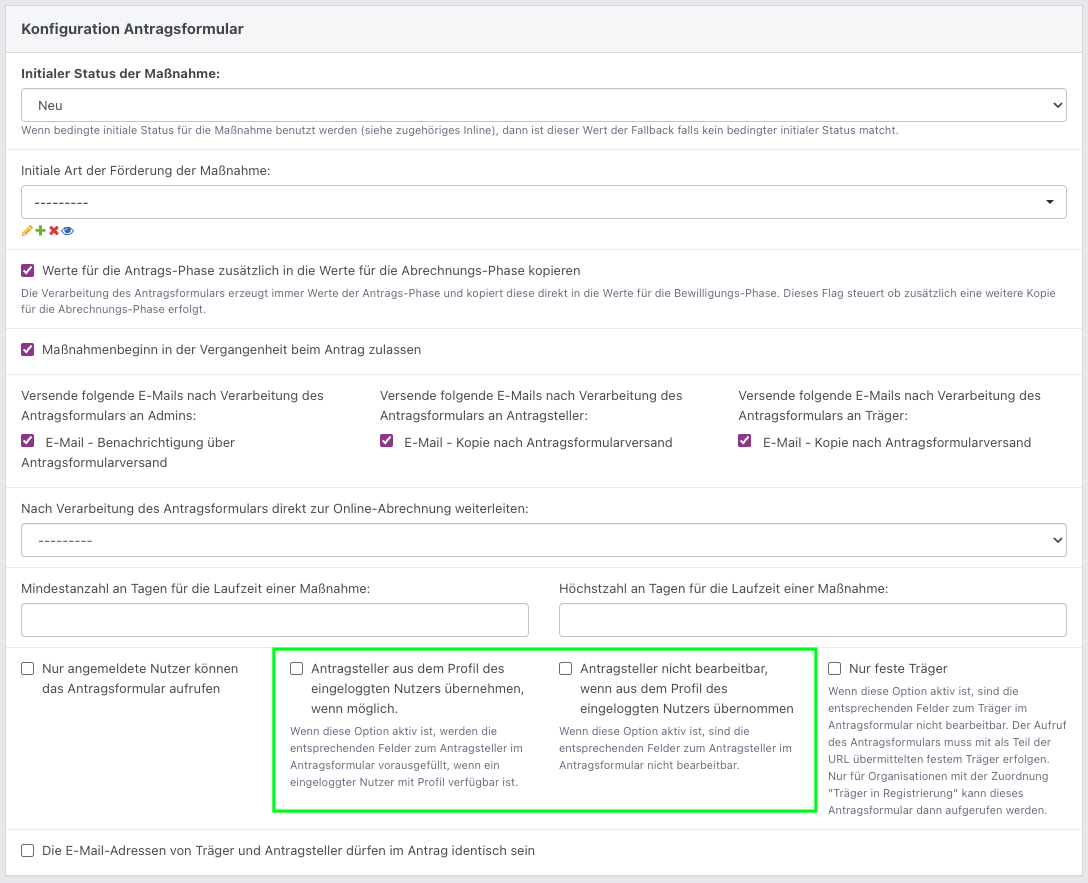 Screenshot aus der Software: geöffneter Bereich Konfiguration Antragsformular.