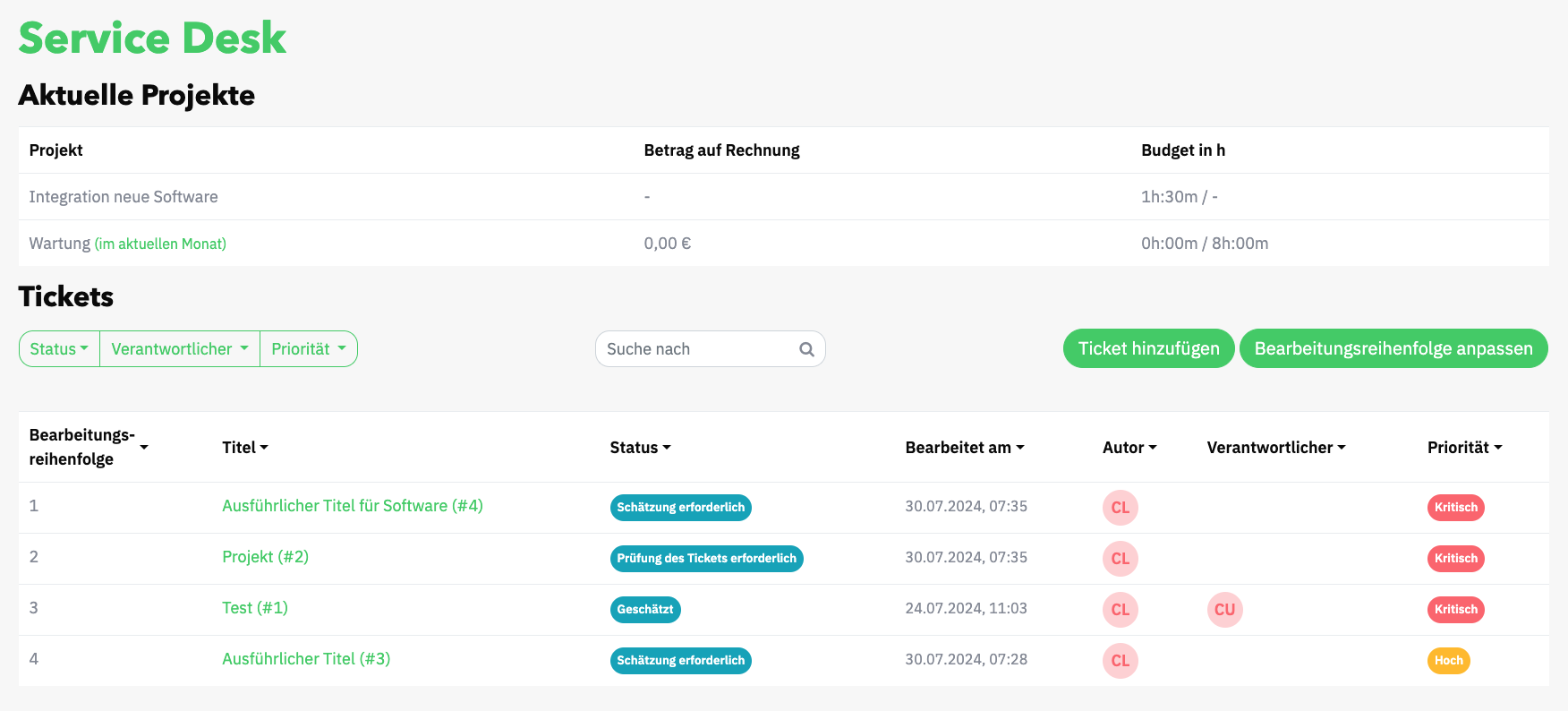 Screenshot des Service-Desk mit beispielhaften Tickets.