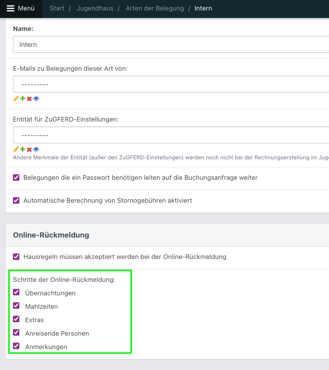Screenshot aus der Software: geöffnete Art einer Belegung.