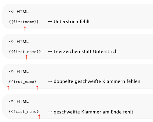 Screenshot von fehlerhaften Platzhaltern.