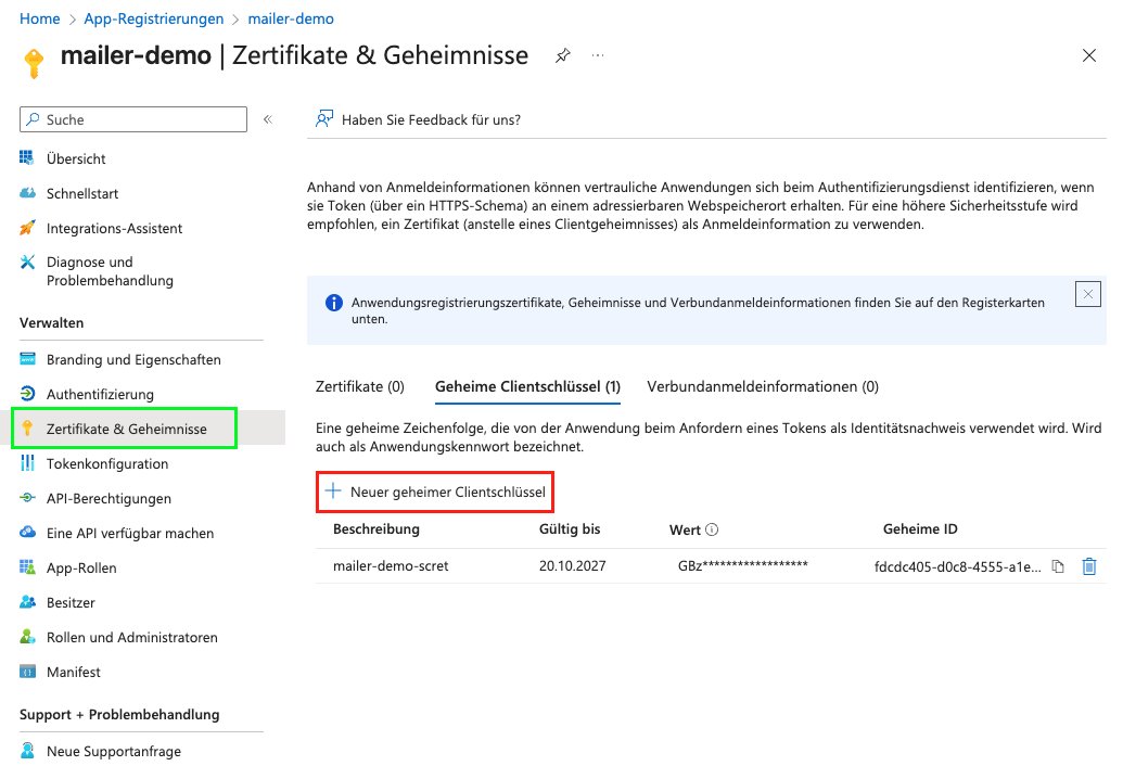 Screenshot aus dem MS Entra Admin Center. Zu sehen ist die Übersicht über Zertifikate und Geheimnisse.