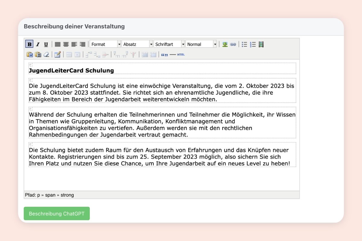 Screenshot: Eventbeschreibung in Noahworks mit ChatGPT erzeugen