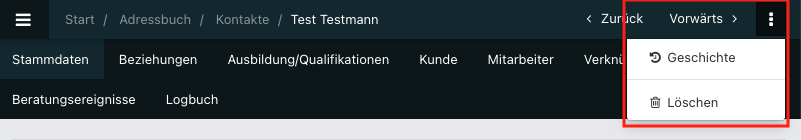 Screenshot eines geöffneten Kontakts mit ausgeklappten Aktionen.
