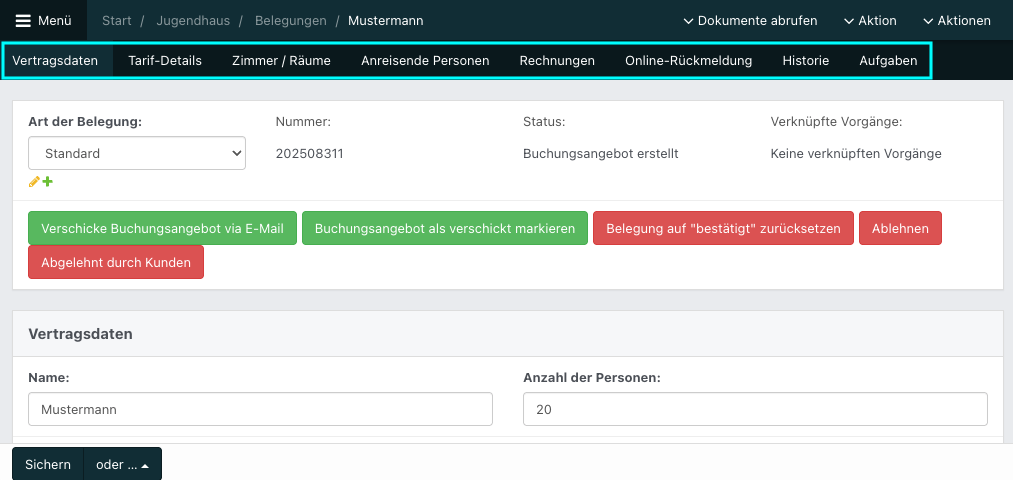 Screenshot aus der Software: geöffnete Detailansicht des Tabs Vertragsdaten.