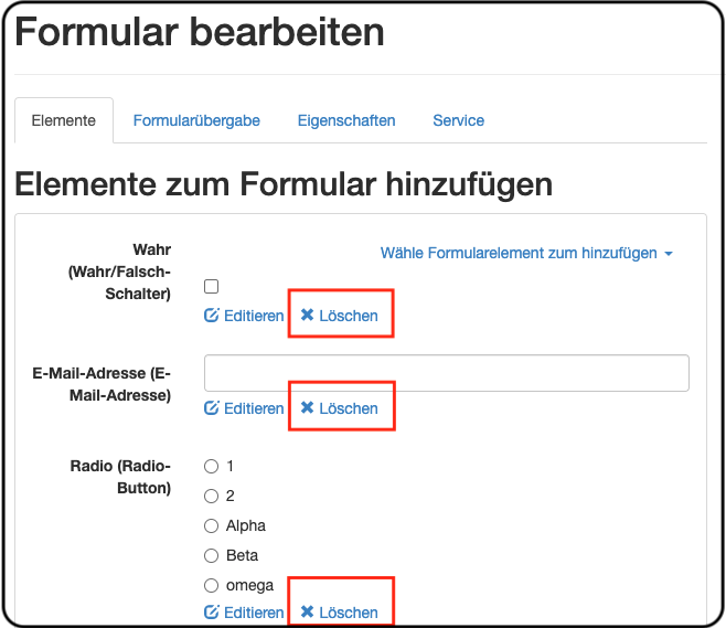 Screenshot eines Formulars im Editiermodus.