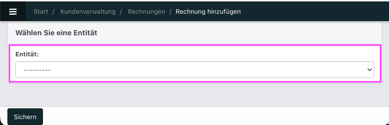 Screenshot: Neue Rechnung mit Dropdown für Entitätenn.