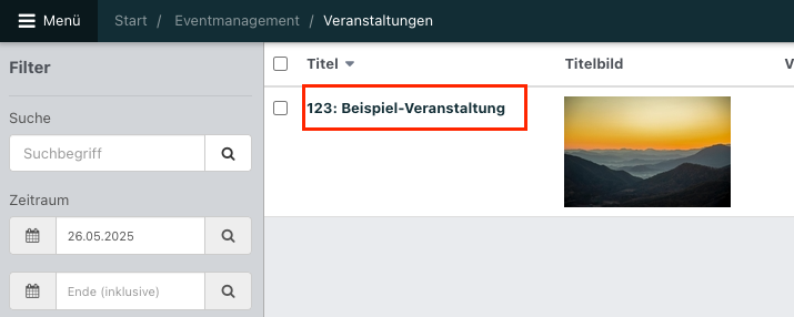 Übersicht der Veranstaltungsliste, in der die Referenznummer ‚123‘ einer Veranstaltung grün markiert ist.