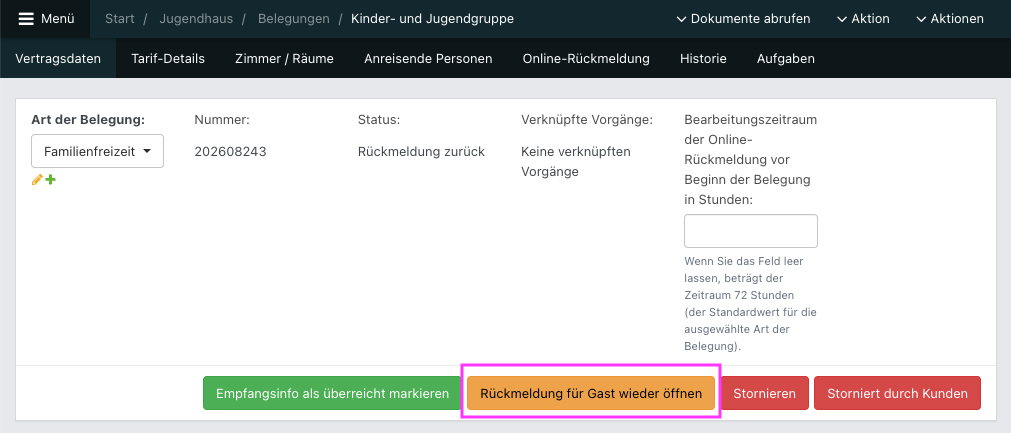 Screenshot einer Belegung mit gelben Button für Online-Rückmeldung.