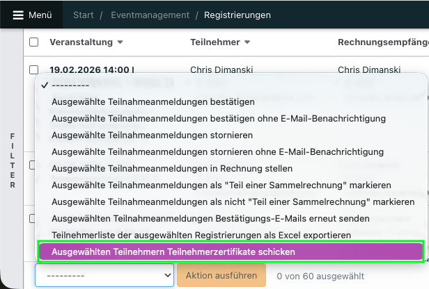 Screenshot aus der Software: geöffnete Aktionen innerhalb der Registrierungen.
