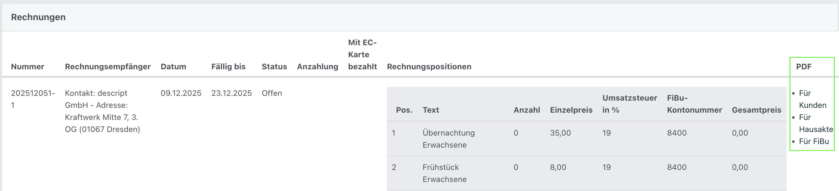 Screenshot aus der Software: geöffnete Rechnung.