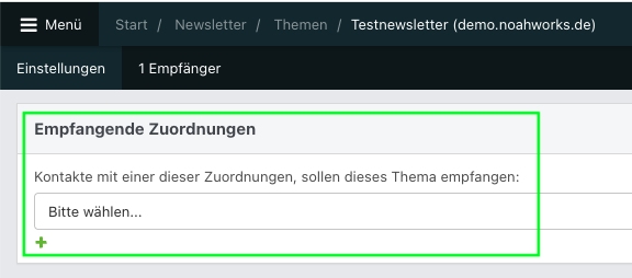 Grün umrahmter Zuordnungsbereich mit verfügbaren Einträgen links und einer leeren Auswahlliste rechts. Dazwischen stehen „Auswählen“ und „Entfernen“.