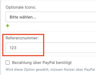 Ausschnitt mit dem rot umrandeten Feld für die Referenznummer, in dem die Referenznummer ‚123‘ eingetragen ist