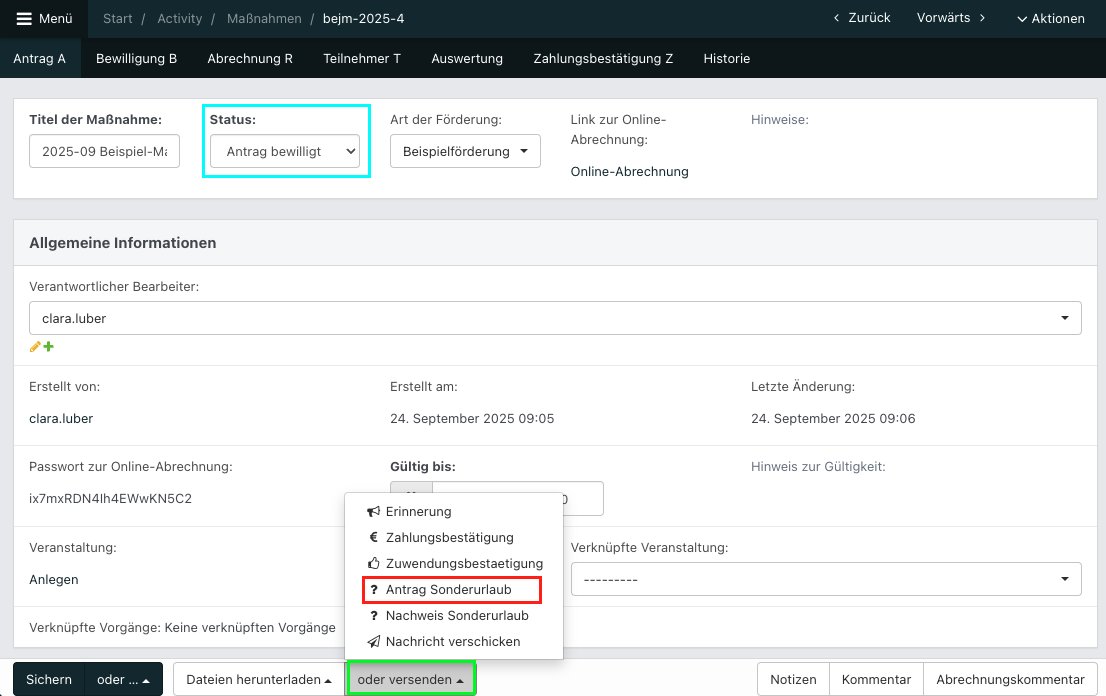 Screenshot aus der Software: geöffnete Dropdown-Menüs, um Datei zu versenden.