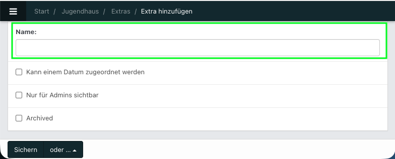 Screenshot der Bearbeitung eines neuen Extras.