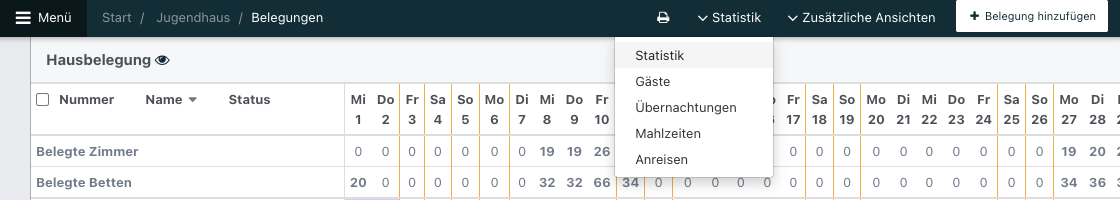 Screenshot aus der Software: Belegungsübersicht mit geöffneten Aktionen.
