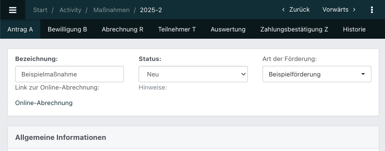 Screenshot aus der Software: beispielhafte Ansicht eines Antrags in Tab A.
