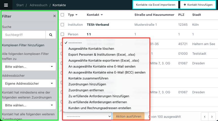 Screenshot aus Noahworks, zu sehen ist eine beispielhafte Ansicht der Kontakte.