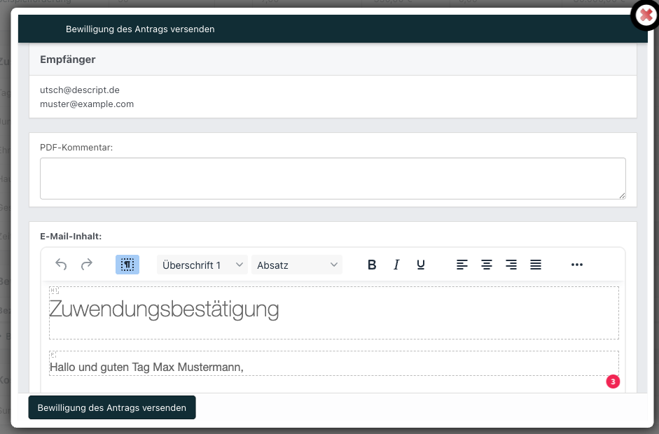 Screenshot aus der Software: geöffnetes Fenster, um Zuwendungsbestätigung zu versenden.