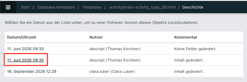 Screenshot der Geschichte eines DB-Templates.