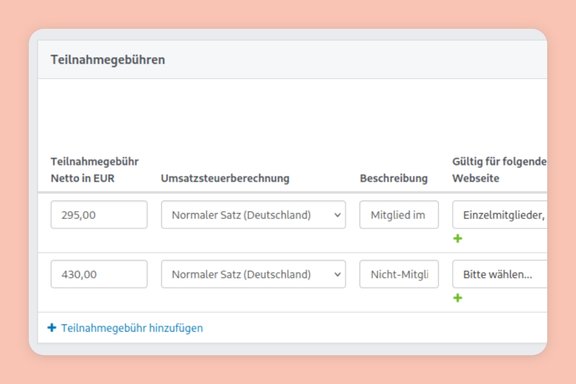Ansicht des Bearbeitungsformulars für Teilnahmegebühren eines Events in Noahworks