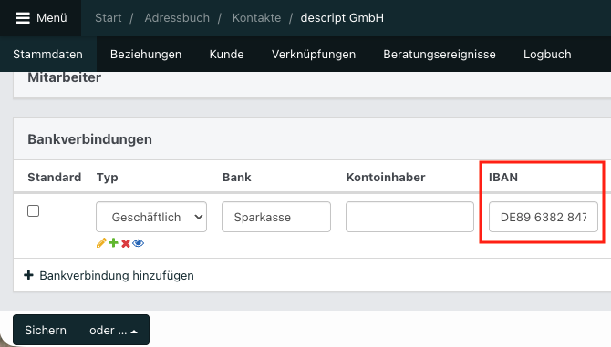 Screenshot aus der Software: geöffnete Institution im Abschnitt Bankverbindung.