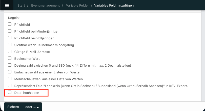 Screenshot aus NoahEvent, zu sehen sind die Auswahlfelder für variable Felder.