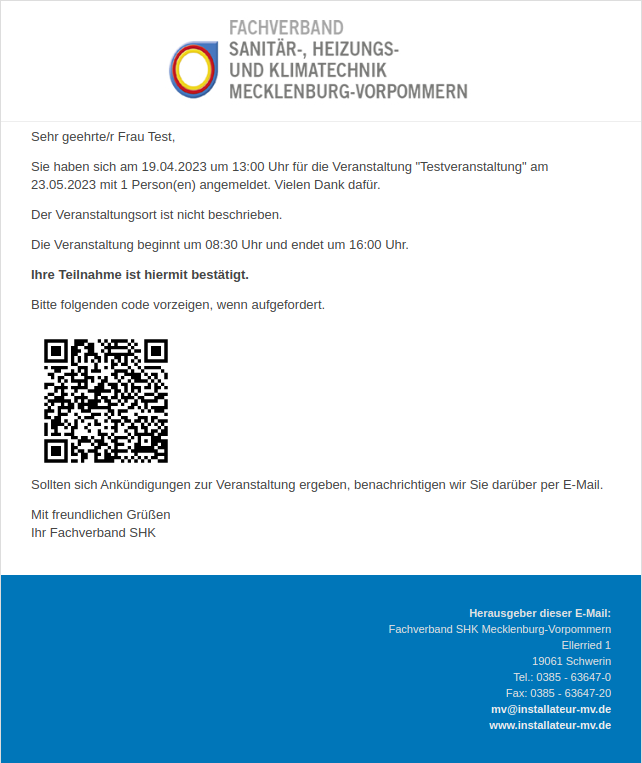 Screenshot von der Teilnahmebestätigung mit QR-Code