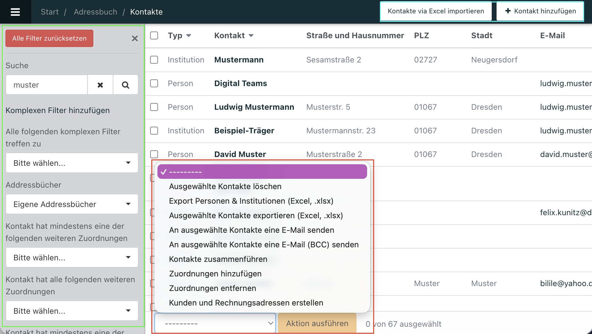 Screenshot aus der Software: Übersicht über Kontakte im Adressbuch.