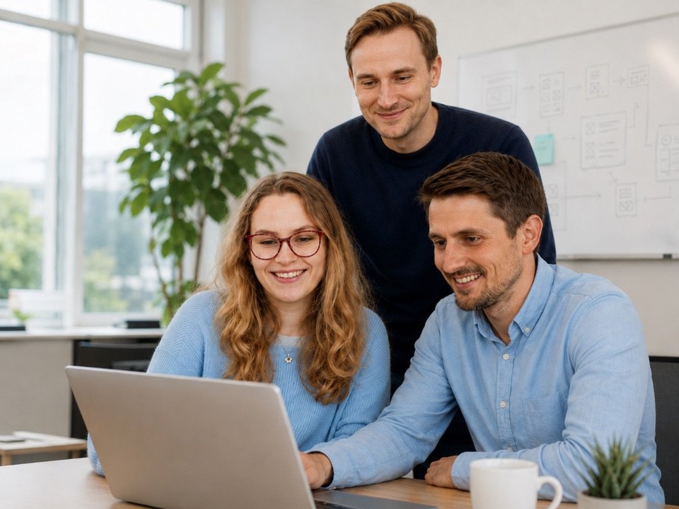 Clara, Thomas und Christian blicken sitzend gemeinsam auf einen Bildschirm und sprechen über den Inhalt.