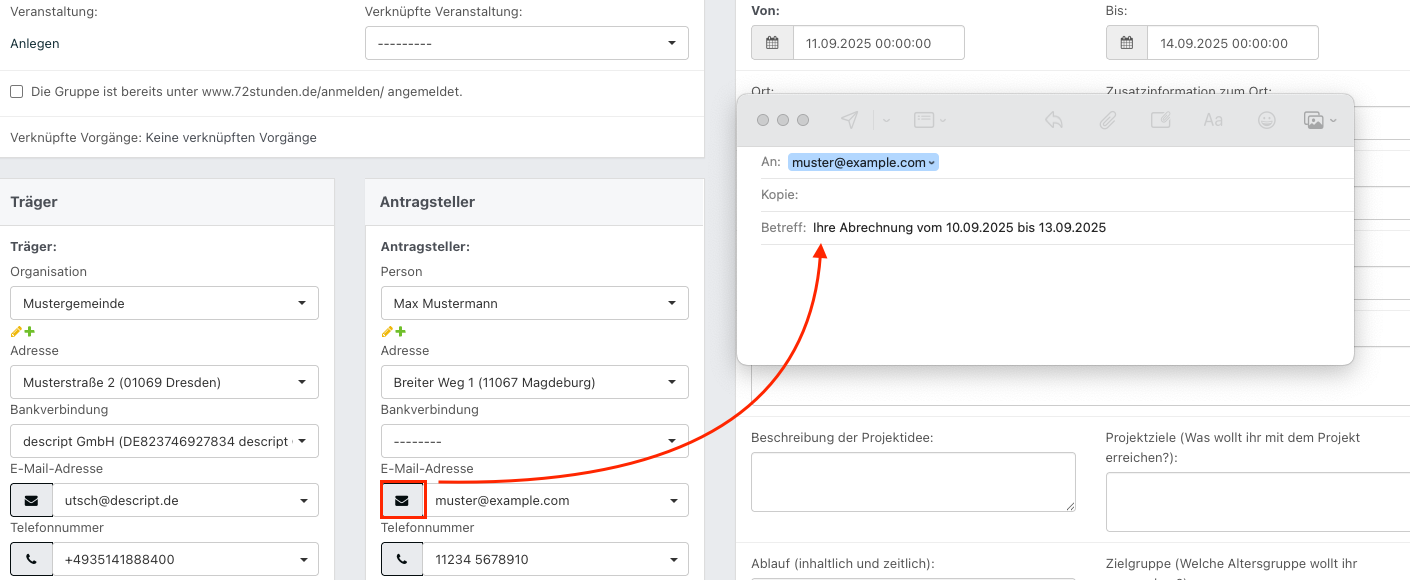 Formularansicht mit ausgefüllter E-Mail-Adresse des Antragstellers und Vorschau einer automatisch generierten E-Mail mit Betreff.
