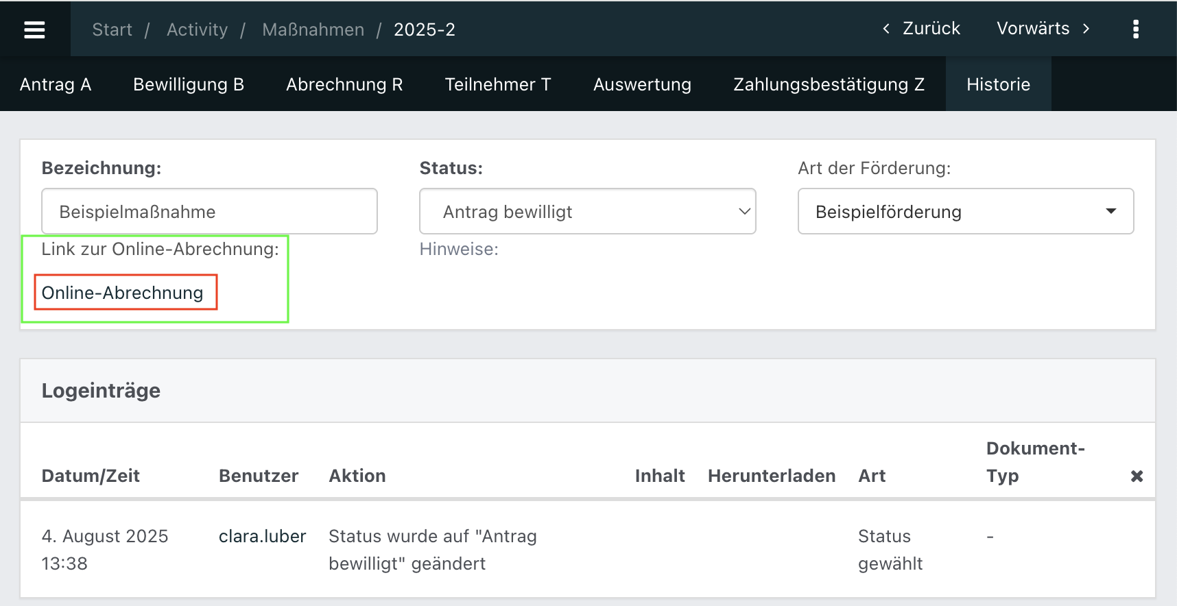 Screenshot des Tabs Historie mit roter Markierung der "Online-Abrechnung".