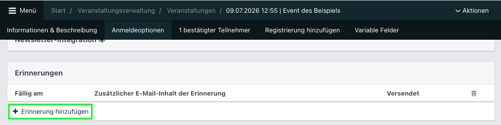 Screenshot aus NoahEvent. Zu sehen ist der leere Bereich Erinnerungen.