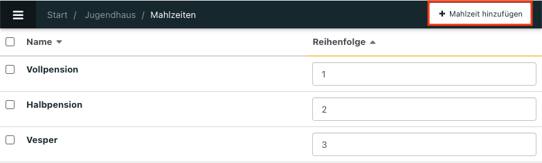Screenshot der Mahlzeiten-Übersicht.