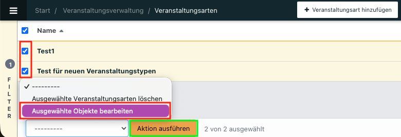 Screenshot aus NoahEvent von der Übersicht über die Veranstaltungsarten mit geöffneten Massenaktionen.