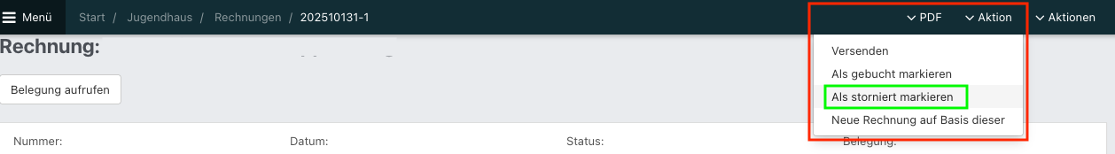 Screenshot aus NoahHaus, zu sehen sind die geöffneten Aktionen innerhalb einer geöffneten Rechnung.