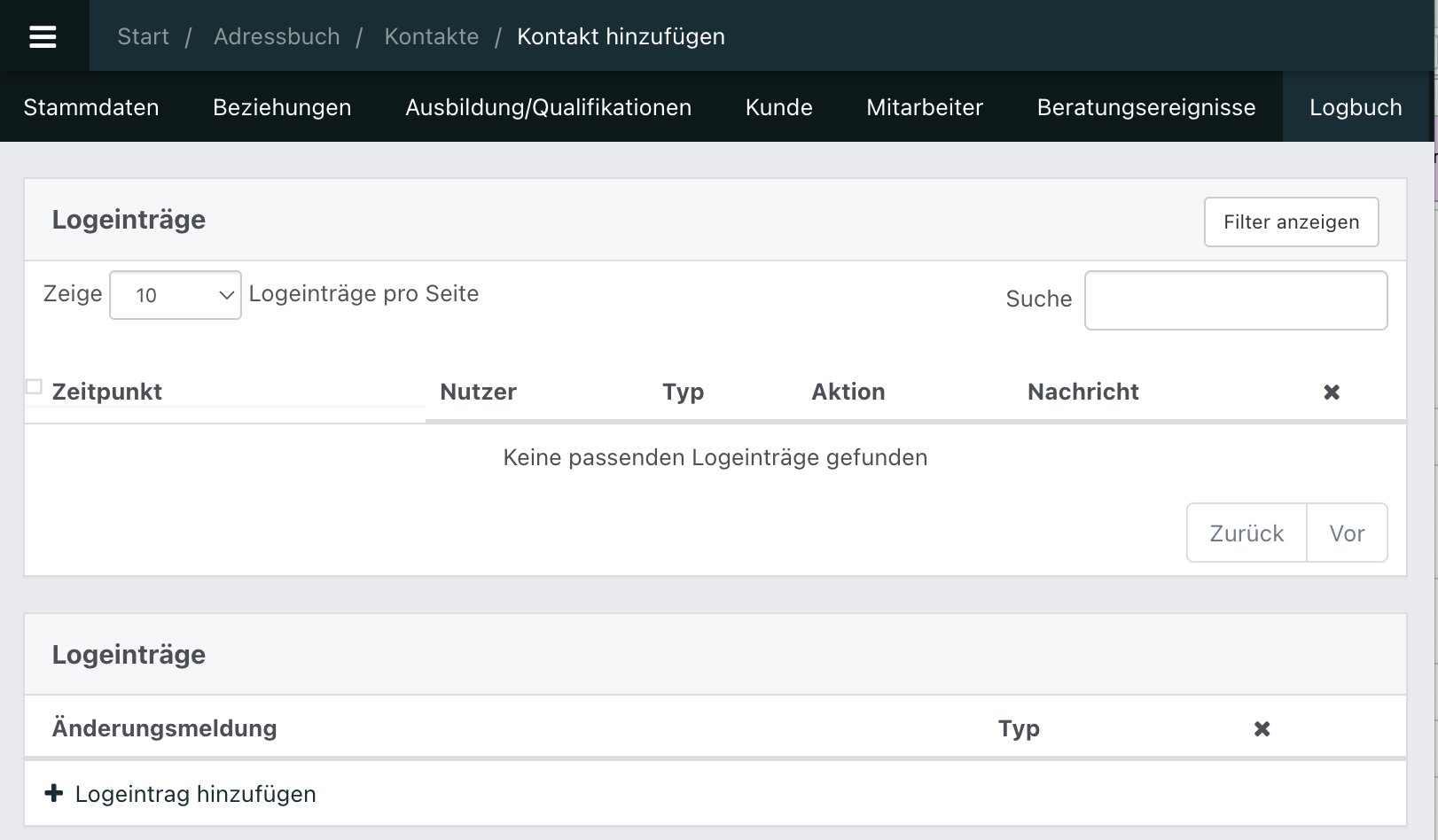 Screenshot aus der Software: Tab Logbuch.
