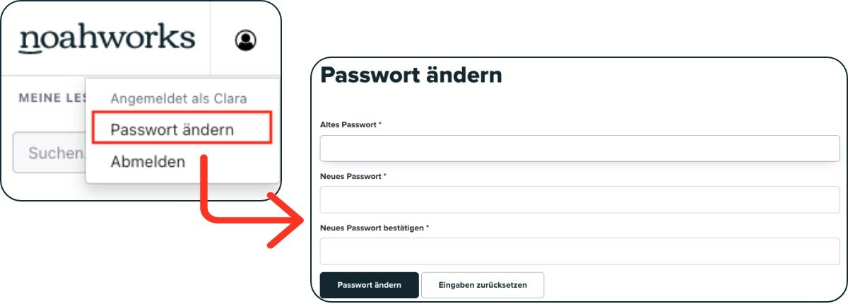Screenshot aus der Software: geöffnete Menüs für Abmelden und Passwort ändern. Rechts davon das geöffnete Fenster, um das Passwort zu ändern.