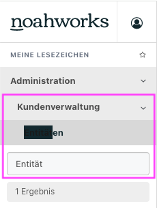Screenshot des Menüs mit "Entität" in Suchleiste.