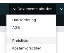 Screenshot aus der Software: geöffnetes Dropdown-Menüs, um Dokumenten abzurufen.