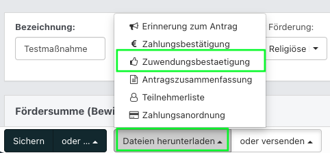 Screenshot des geöffneten Dropdowns für Dateien herunterladen.