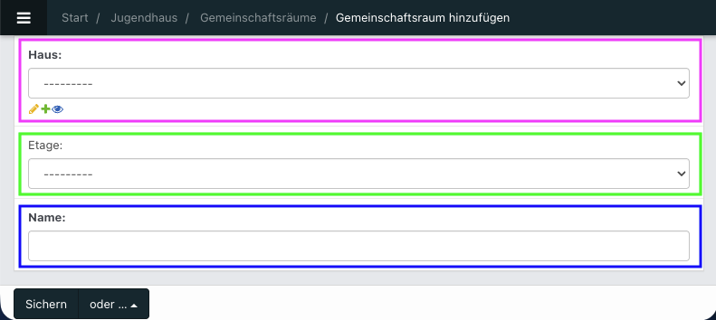screenshot der Bearbeitungsansicht, um einen neuen Gemeinschaftsraum anzulegen.