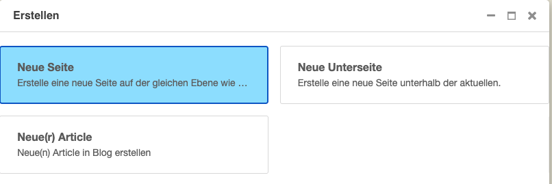 Screenshot der CMS-Seitenarten.