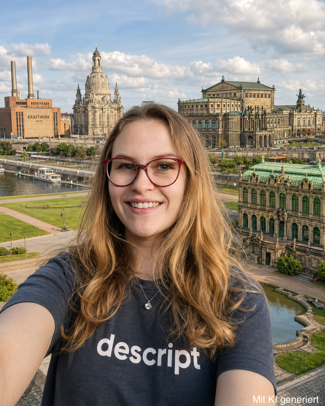 KI-generiertes Selfie von Clara. Im Hintergrund verschiedene Sehenswürdigkeiten von Dresden. Frauenkirche, Zwinger, Semperoper und Kraftwerk Mitte.