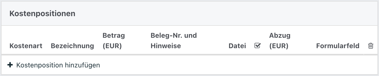 Tabelle für Kostenpositionen mit Spalten für Kostenart, Bezeichnung, Betrag, Belegnummer und Hinweise, Datei, Abzug und Formularfeld.