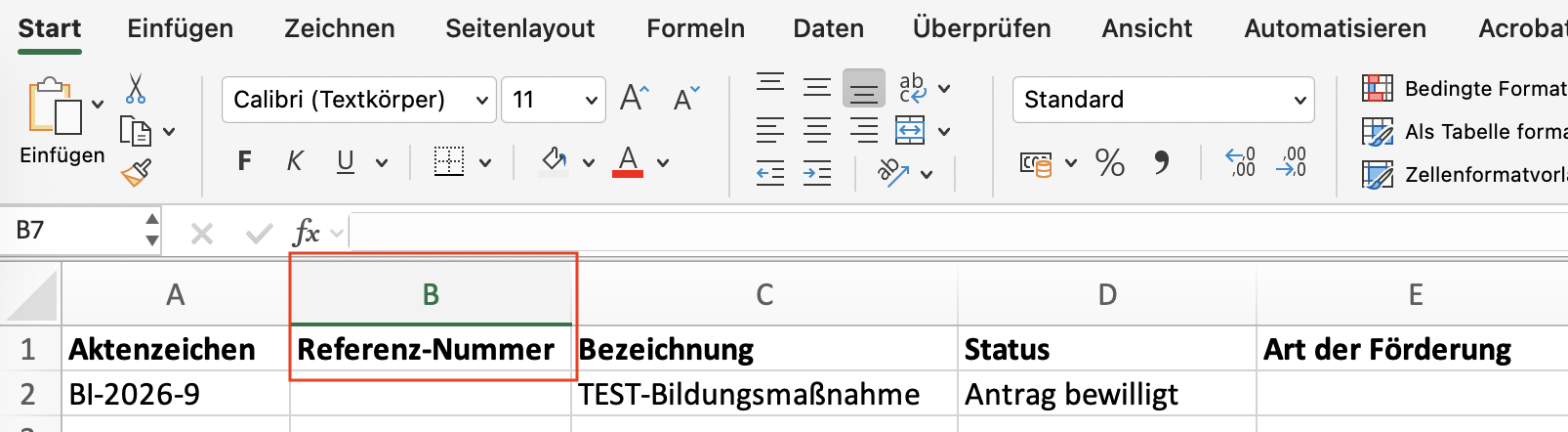 Screenshot einer Excel-Tabelle mit Referenznummer.