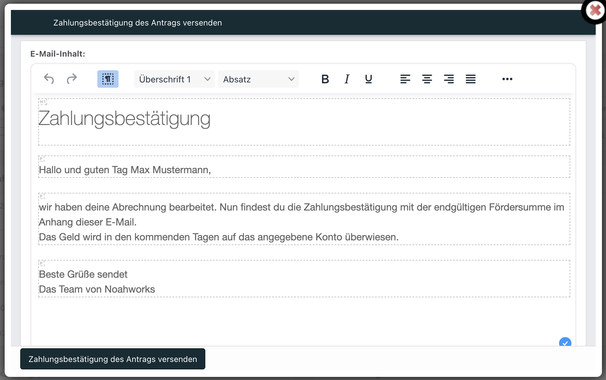 Screenshot des Fensters, um eine Zahlungsbestätigung des Antrags zu versenden.